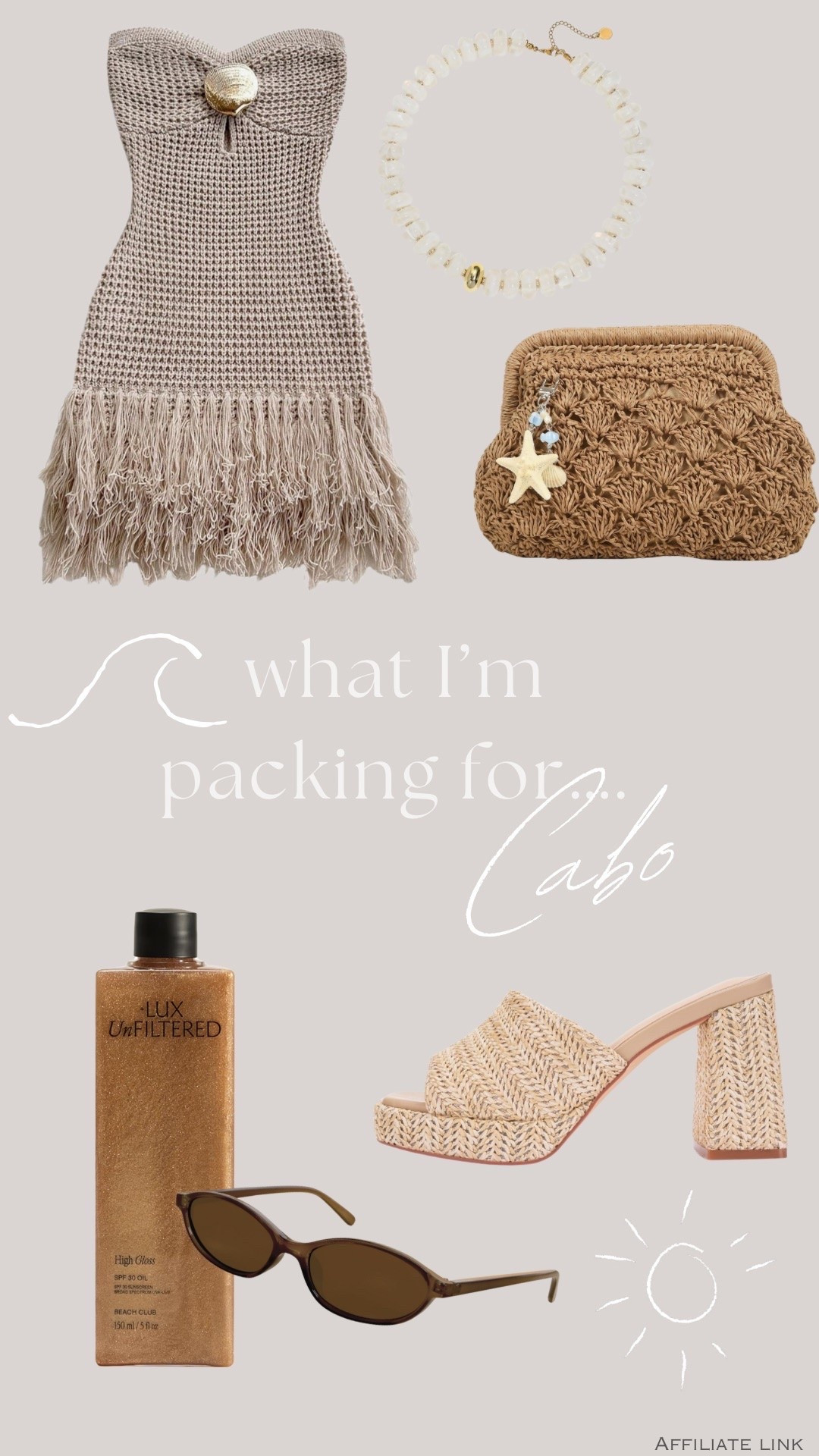 What I’m packing for Cabo! ☀️🐚





#vacationmood #summervacay #resortstyle #vacationoutfit #crochetdress #vacaystyle #summerheels #summerclutch #bodyshimmer #amazon #cabo

#LTKootd #LTKTravel #LTKSwim