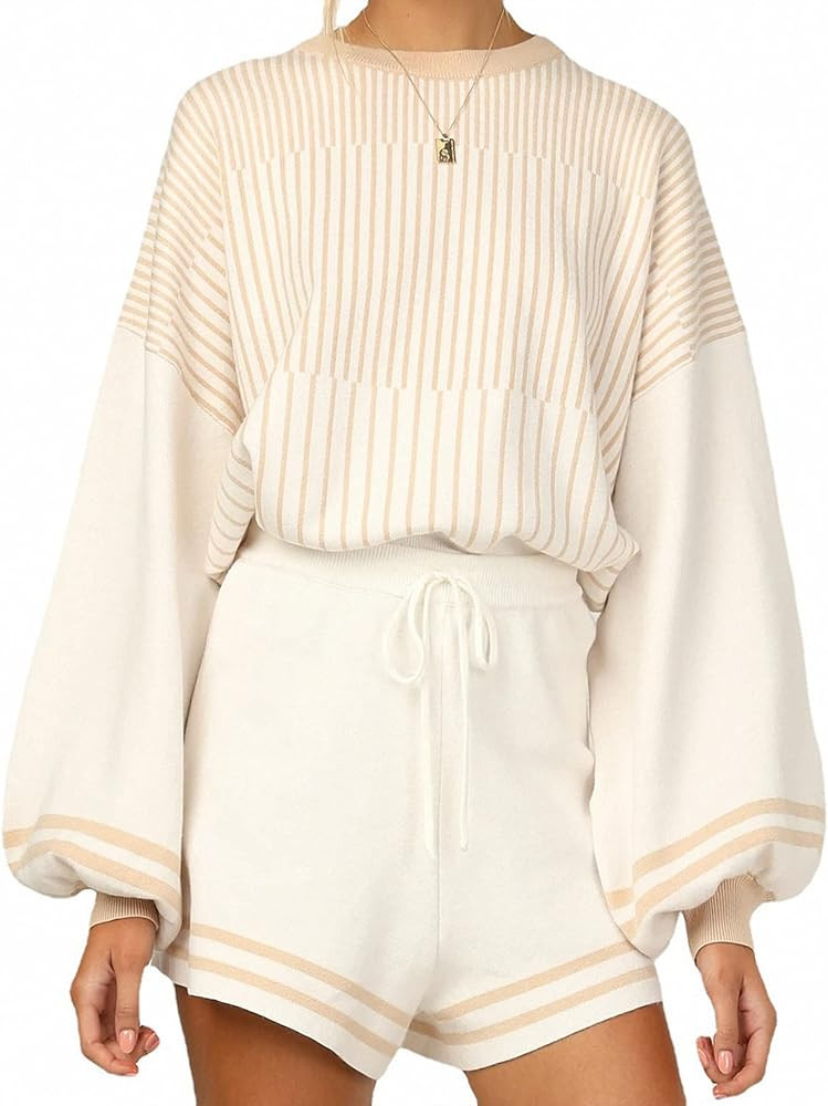 Rxozrxoz Women's Casual Striped 2 Piece Knitted Outfits Crewneck Wide Leg Pullover Knit Shorts Sw... | Amazon (US)