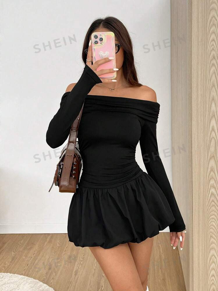 SHEIN EZwear Women's Solid One-Shoulder Long Sleeve Ruffle Hem Mini Dress For Spring & Autumn | SHEIN