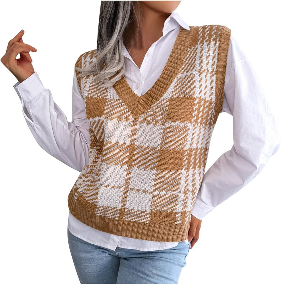 Women Cute Plaid V Neck Sweaters Vest Cable Knit Sweater Pullover Sleeveless Fall Winter Shirts P... | Amazon (US)