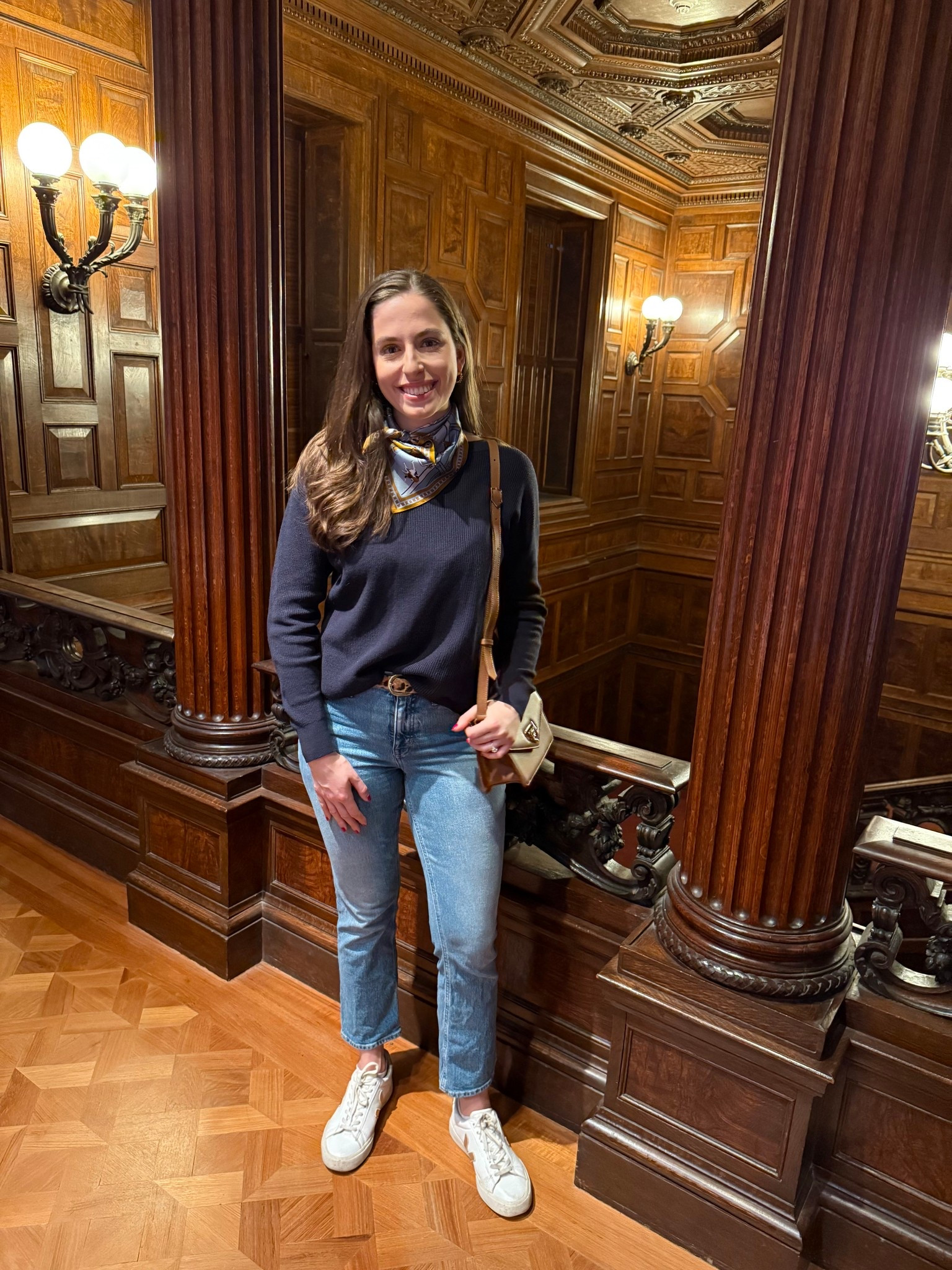 Casual winter outfit, casual Saturday outfit, silk scarf, navy sweater, light wash jeans, winter in nyc, white leather sneakers, white tennis shoes, brown crossbody bag 

#LTKootd #LTKSeasonal #LTKTall