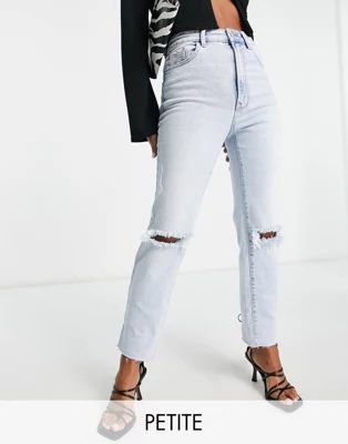 Stradivarius Petite slim mom jean with stretch and rip in vintage blue | ASOS (Global)