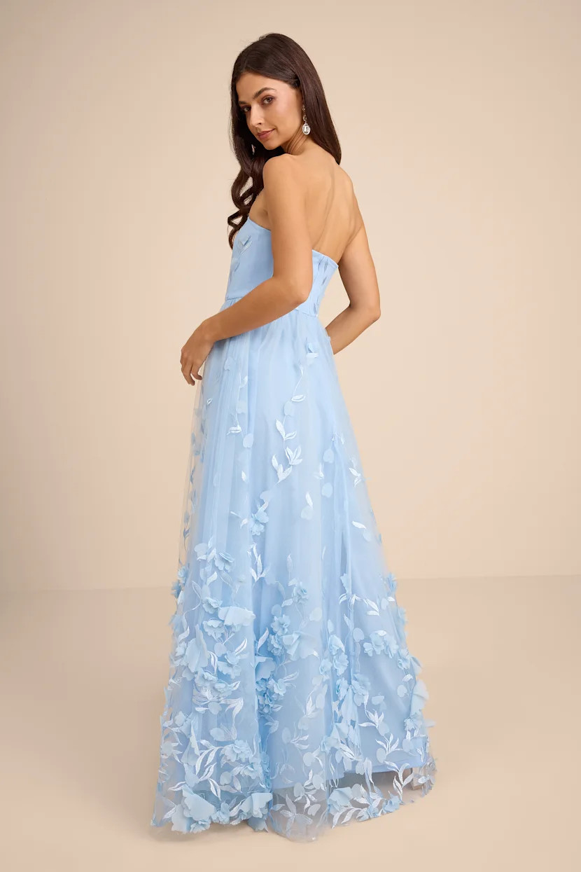 Lynly Light Blue 3D Floral Applique Tulle Maxi Dress | blue bridesmaid dress | Lulus
