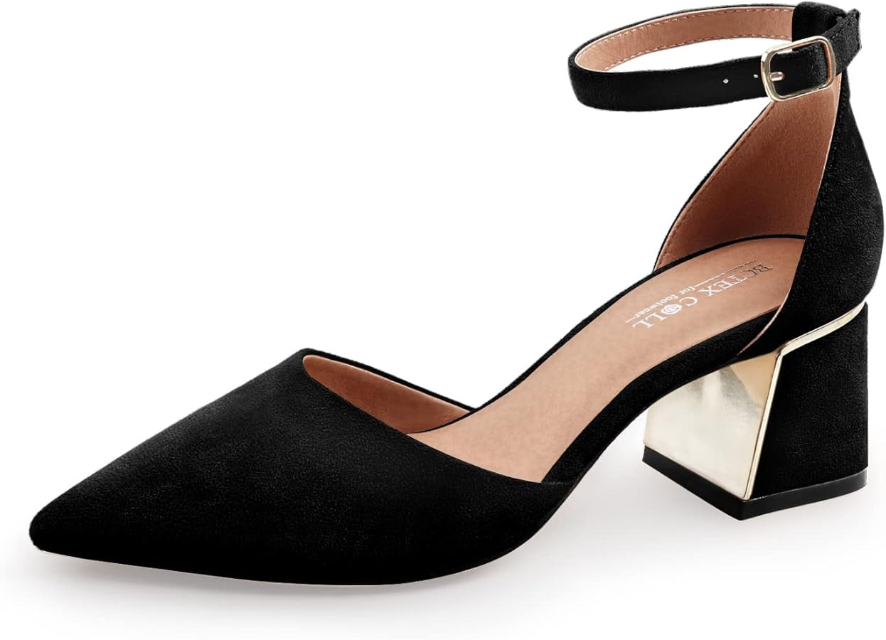 BCTEX COLL Womens Pointed Toe Pumps Shoes Ankle Strap Chunky Low Heels Metal Lined Sandals Design... | Amazon (US)