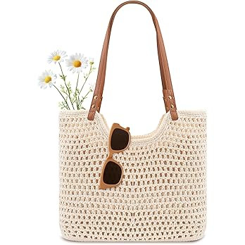 Peicees Crochet Beach Bag Purse, Boho Woven Tote with Leak-Proof Lining For Summer Vacation Trave... | Amazon (US)