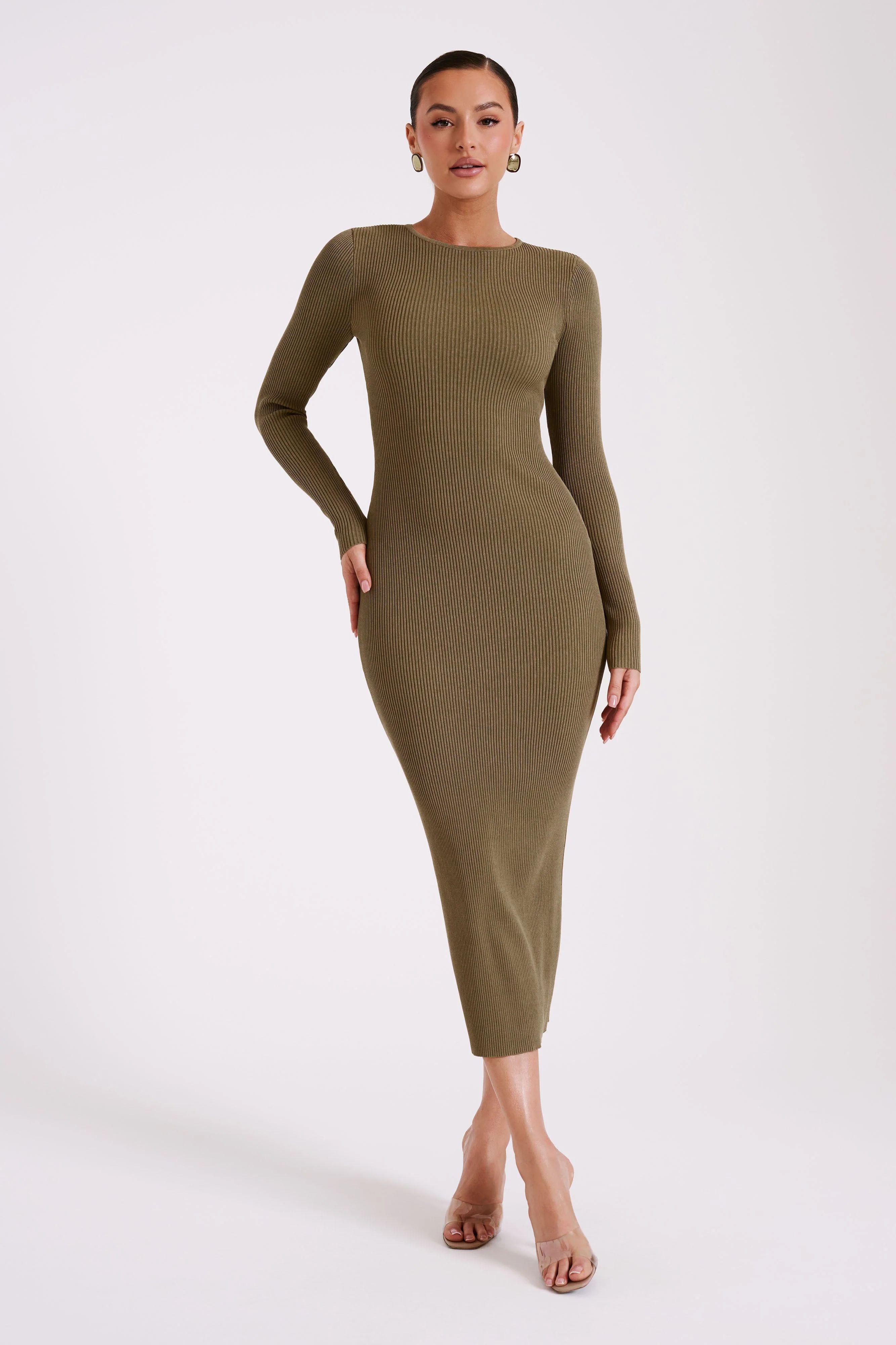 Rowen Long Sleeve Midi Dress - Olive | MESHKI US