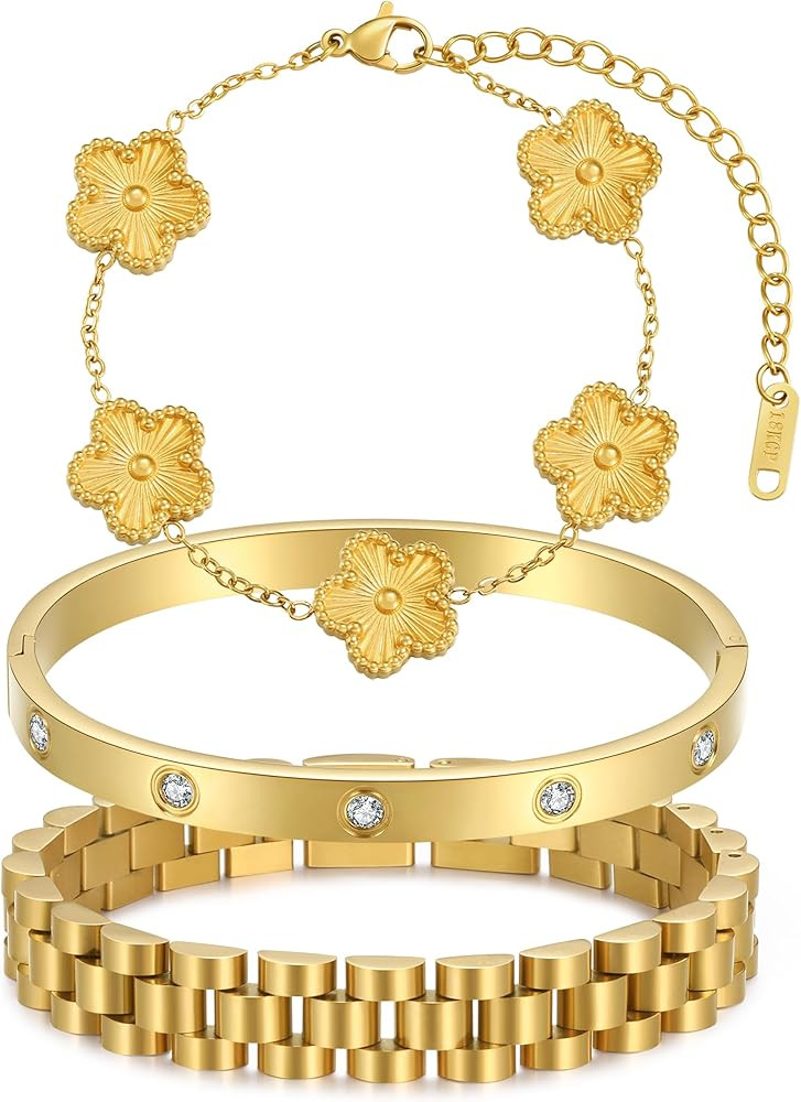 Stackable Four Leaf Clover Bracelets for Women, 18K Gold Plated Love Bangle Bracelets Set, 3 Pcs ... | Amazon (US)