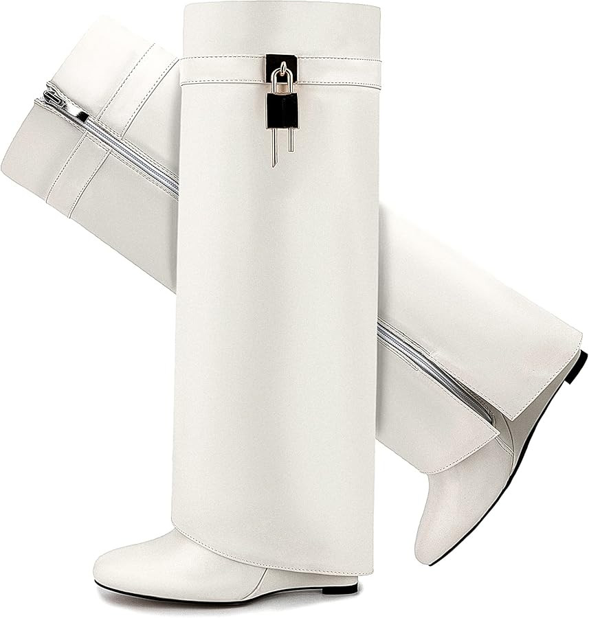 Fold Over Boots for Women Pointy Pull-on Wedge Heel Knee Shark Boot With Side Zipper Padlock Desi... | Amazon (US)