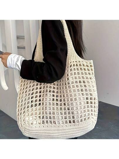 Yogodlns Lightweight Casual Hollow Woven Shopping Tote Bag, Large Capacity Handbag, Suitable For Travel, Outdoor Activities And School. Multifunctional Kitchen Storage Mesh Bag, Suitable For Beach Vacation Or Easy Carrying, Mother's Day Gift, Fashionable Summer Vacation Bag, Beach Essential Item, Perfect Match For Women's Beach Accessories, The Hottest Women's Beach Bag, Beach Necessities, Beach Supplies, Summer Essential Item, Latest Holiday Bag | SHEIN