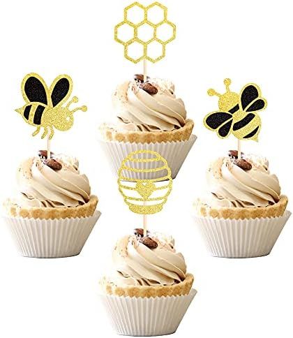 Amazon.com: 36 PCS Bumble Bee Cupcake Toppers Glitter Bee Gender Reveal Honeycomb Cupcake Picks B... | Amazon (US)