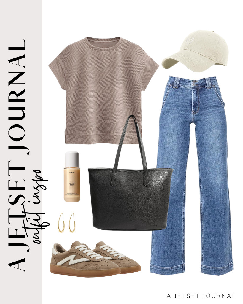 The next outfit is a chic taupe cap-sleeve tee paired with Astylish jeans. You can style this look with Madden Girl fashion sneakers and this baseball cap with a cute heart detail, then grab this trendy zipper tote bag.

#LTKSeasonal #LTKSaleAlert #LTKTravel
 

 
