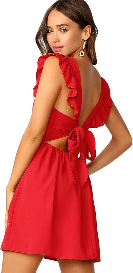 Romwe Women's Cute Tie Back Ruffle Strap A Line Fit and Flare Flowy Short Dress | Amazon (US)