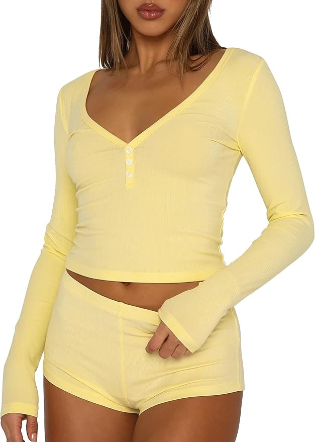 Cioatin Women 2 Piece Ribbed Knit Pajama Set Long Sleeve Button Crop Top and Shorts Lounge Sweats... | Amazon (US)