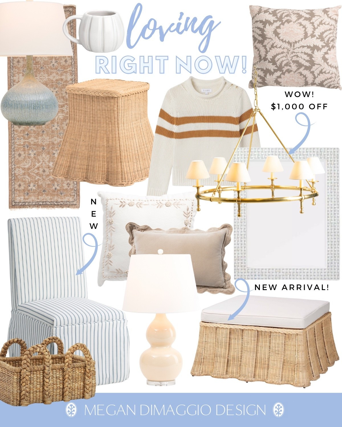 Brand new post of what I’m loving right for Fall!! 🤍🍂🙌🏻 Including our designer chandelier for $1,000 OFF retail!! 🤩 This perfect blue and white striped dining chair (on castors!), new wicker scalloped ottomans & side table, runners and more!! 

#LTKFindsUnder100 #LTKFallSale #LTKHome