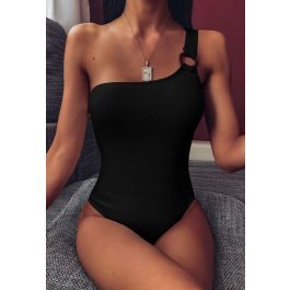 O-Ring One-Shoulder Swimsuit in Black | Chicwish