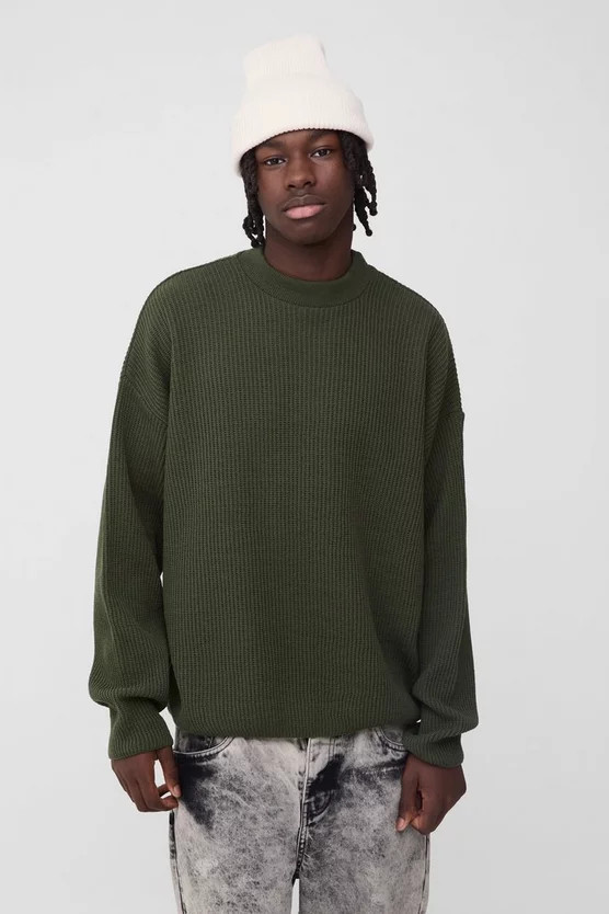 Relaxed Fit Extended Neck Waffle Knit Dropped Shoulder Sweater | boohooMAN (US & Canada)