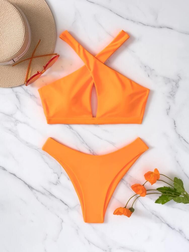 Neon Orange Crisscross Bikini Swimsuit | SHEIN