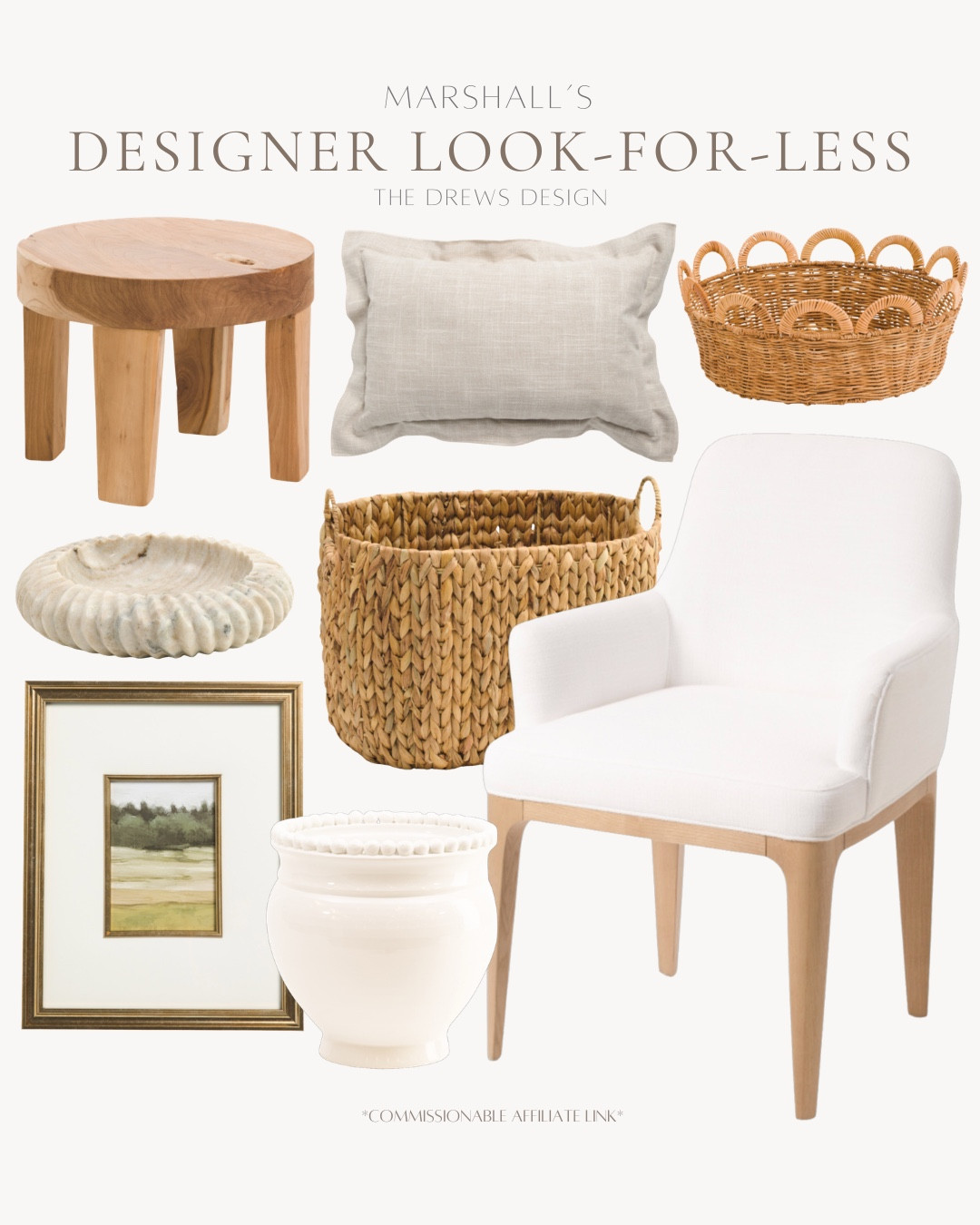 Designer looks for less include storage baskets, accent chair, accent pillow, accent table, wall art, marble bowl, and vase.

Home decor, looks for less, neutral home decor 

#LTKHome #LTKSeasonal #LTKvlog