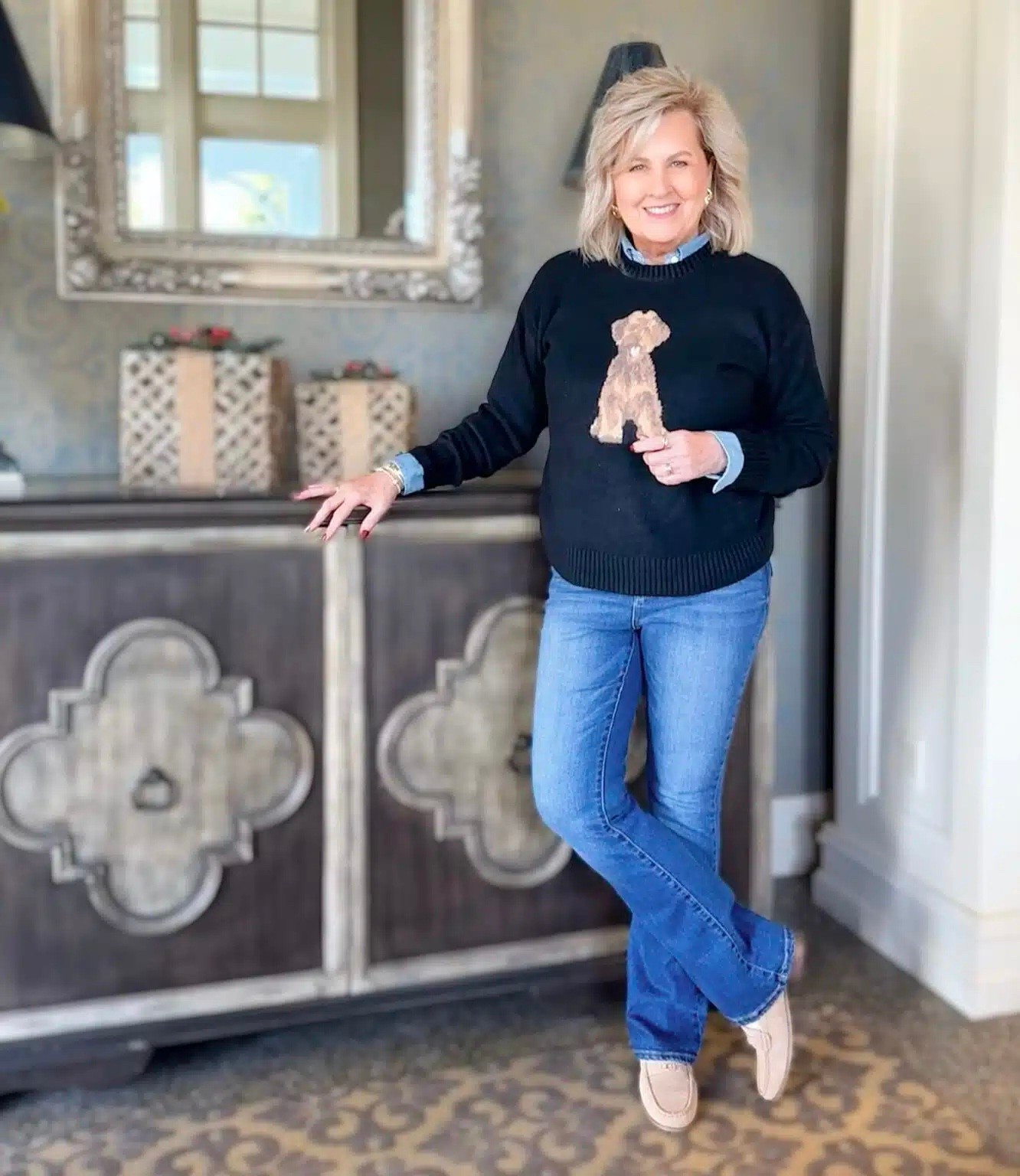 Another great dog themed sweater and a more polished look. Dog sweater size medium | denim shirt size medium | flare jeans size 8. 

#LTKHoliday #LTKWorkwear #LTKSeasonal