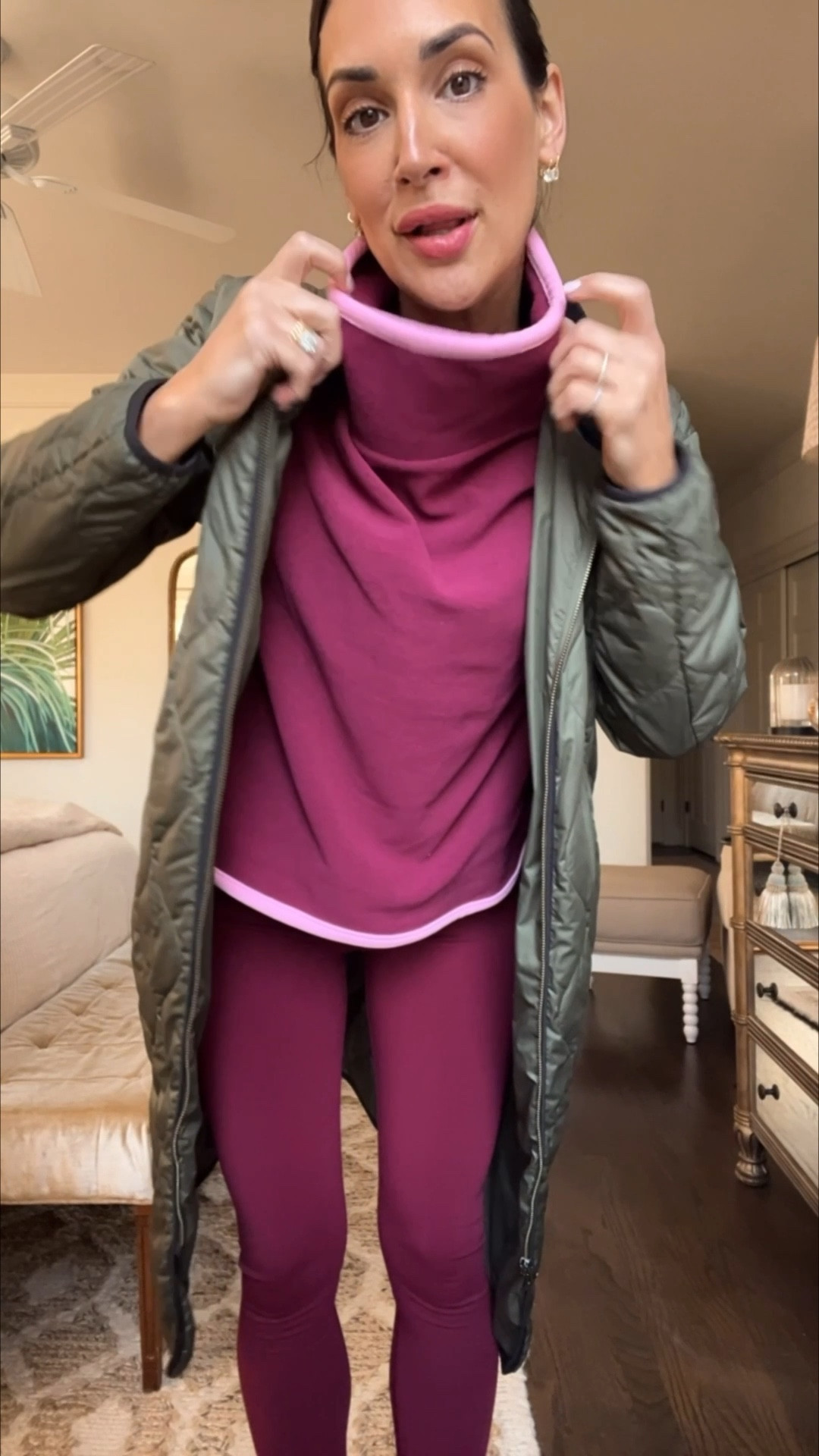 Staying warm in this fleece turtleneck over my sports bra -