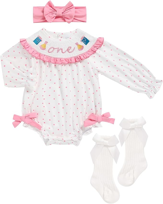 GRNSHTS Baby Girl 1st Birthday Outfits One Year Old Printed Romper Embroidery Bodysuit Cake Smash... | Amazon (US)
