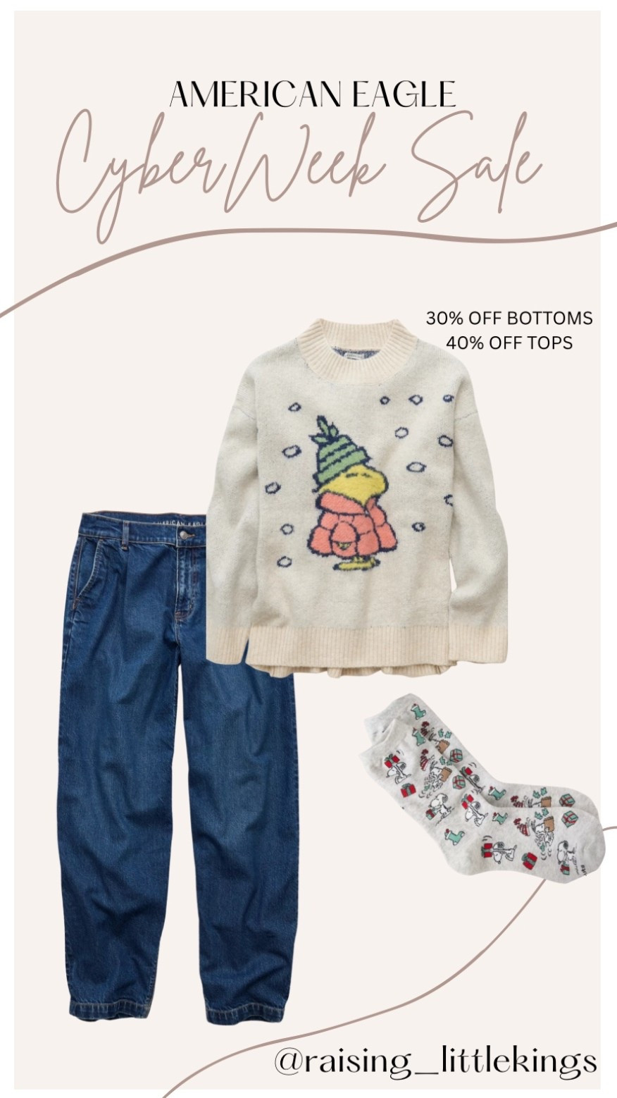 American Eagle Cyber Week Sale #3, and it may be my fav so far! The Peanuts Christmas is such a nostalgic classic, and I love that AE always has holiday Peanuts gear! This cute Woodstock sweater pairs so pretty with these baggy jeans and fun socks! The perfect holiday look!

#LTKHoliday #LTKmomlife #LTKCyberWeek