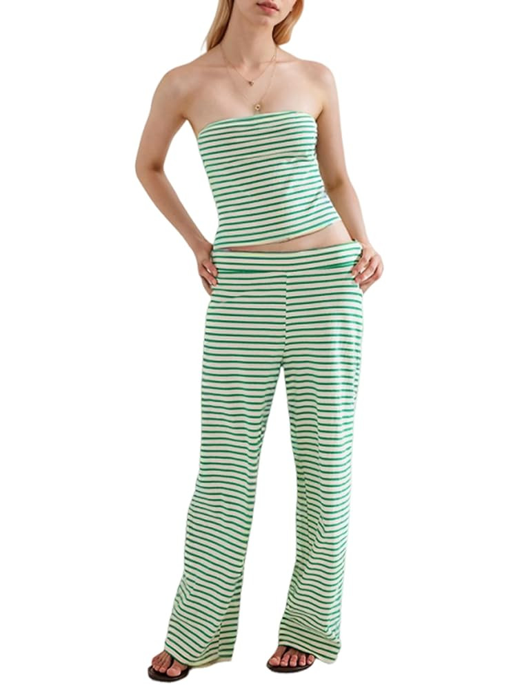 Womens 2 Piece Sets Cute Strapless Tube Tops Striped Wide Leg Pants Comfort Lounge Set | Amazon (US)