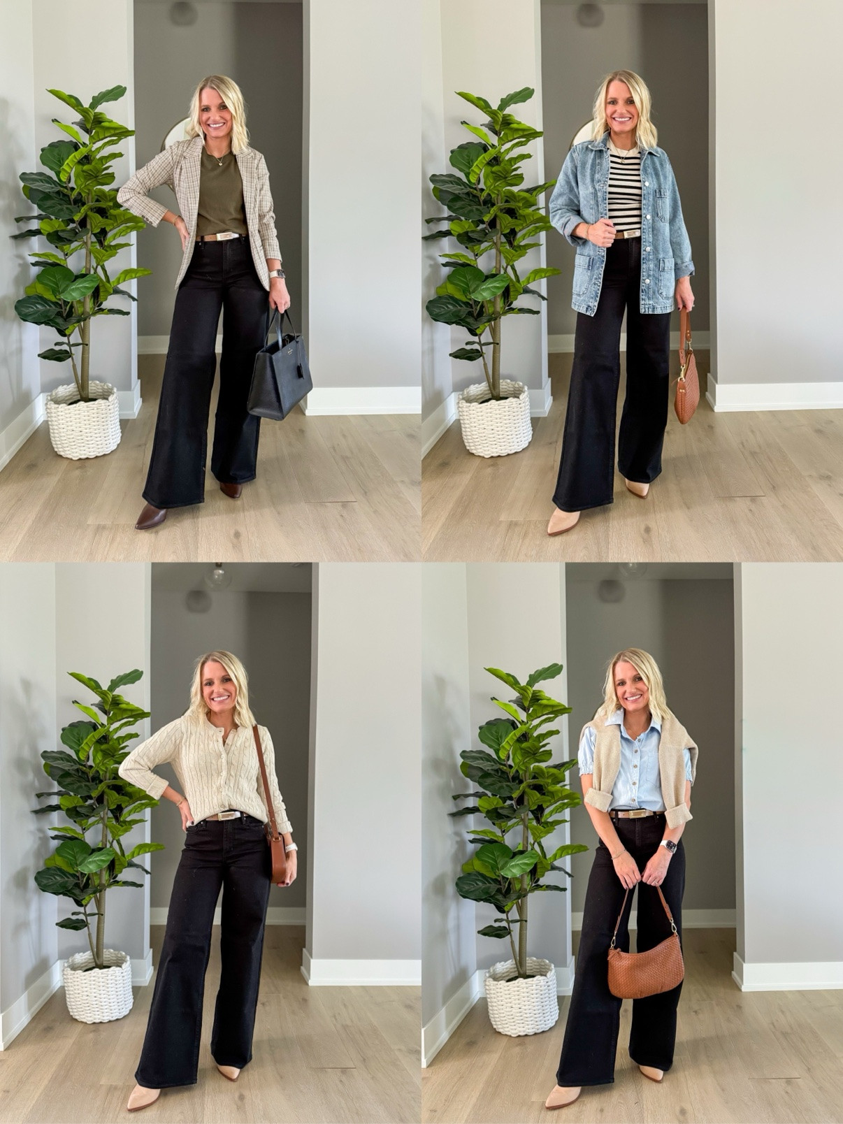 4 ways to wear black jeans for fall 🖤 My black jeans blog post is going live today with all the outfit details! Which look is your favorite? #blackjeans #falloutfits #whatiwore #petitestyle #momstyle #affordablefashion