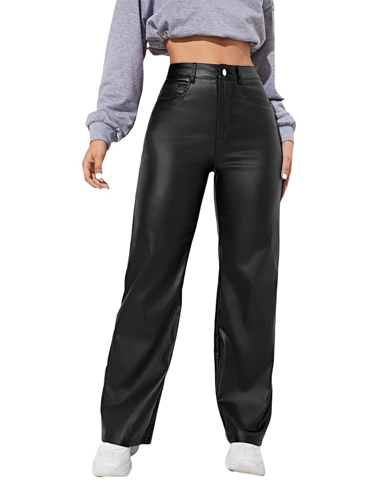 MakeMeChic Women's High Waist Pockets Straight Leg Jeans Leather Look Pants | Amazon (US)