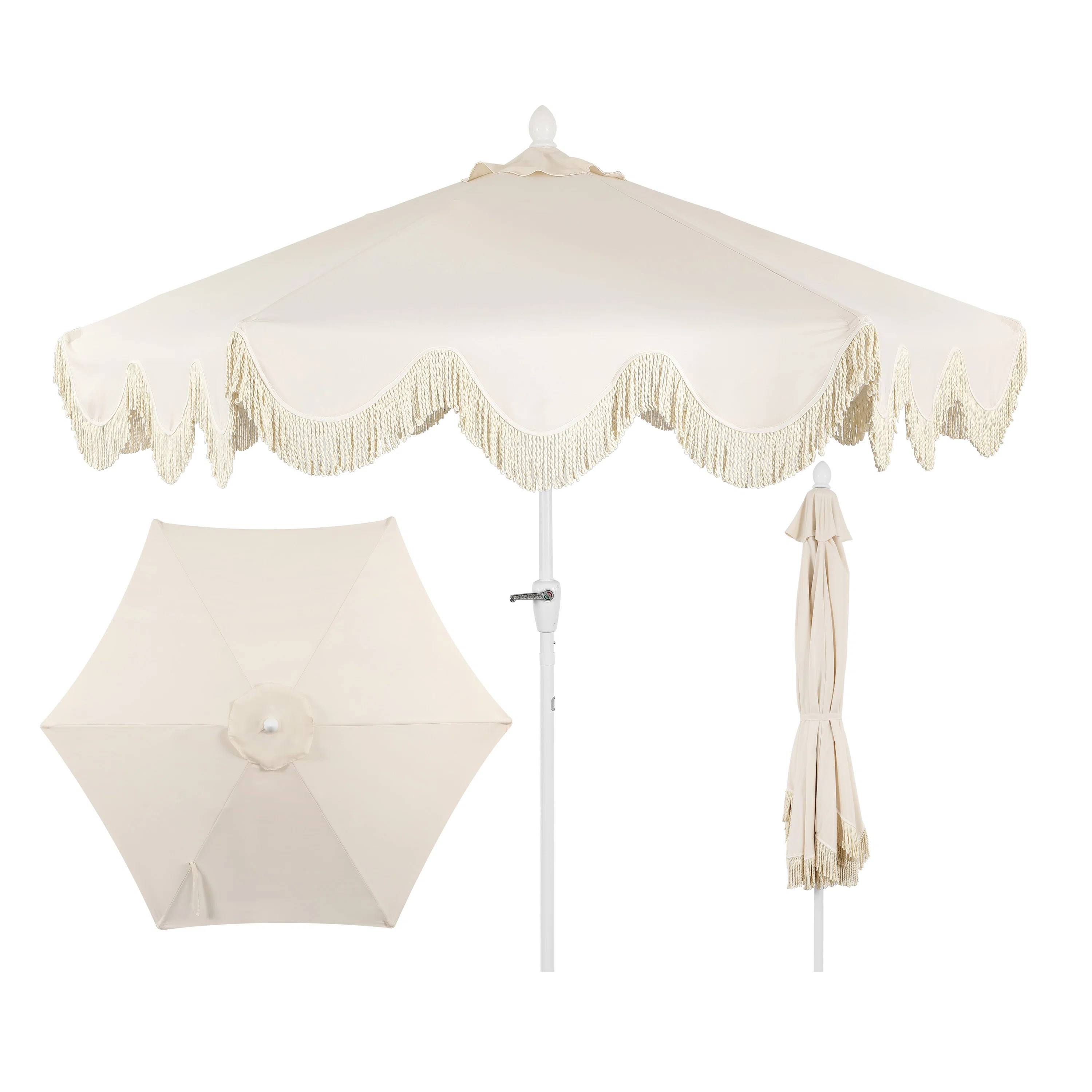 Arlmont & Co. Teretha 9 ft. Classic Cottage Tassel Market Patio Umbrella with Auto-Tilt, Crank, a... | Wayfair North America