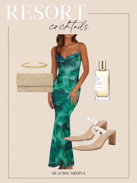 This look is perfect for cocktails at your favorite resort! Pair a green patterned slip dress with a straw clutch, clear strappy square heels, a gold cuff bracelet, and vanilla coconut perfume. 

Ootd, date night, resort wear, summer dress, spring dress, wedding guest 

#LTKstyletip #LTKshoecrush #LTKfindsunder50