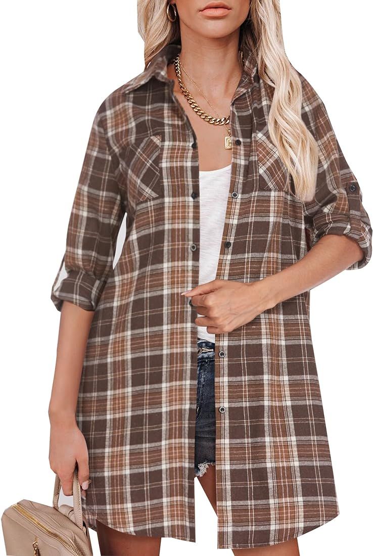 Hotouch Womens Flannel Plaid Shirts Dress Roll Up Long Sleeve Pockets Casual Button Down Long Shirts | Amazon (US)