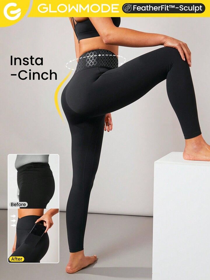 GLOWMODE 24" FeatherFit™-Sculpt Insta-Cinch Crossover Hold Up Pocket Leggings Yoga Workout Gym | SHEIN