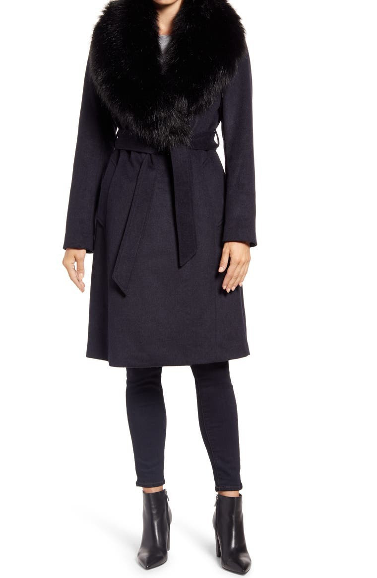 Ellen Tracy Wool Blend Wrap Coat with Removable Faux Fur Collar | Nordstrom | Nordstrom