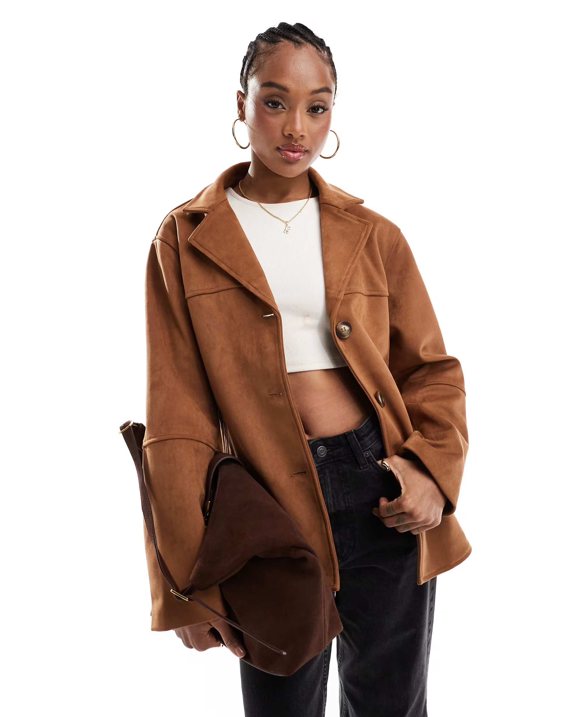 ASOS DESIGN Tall suedette button front jacket in tan | ASOS (Global)