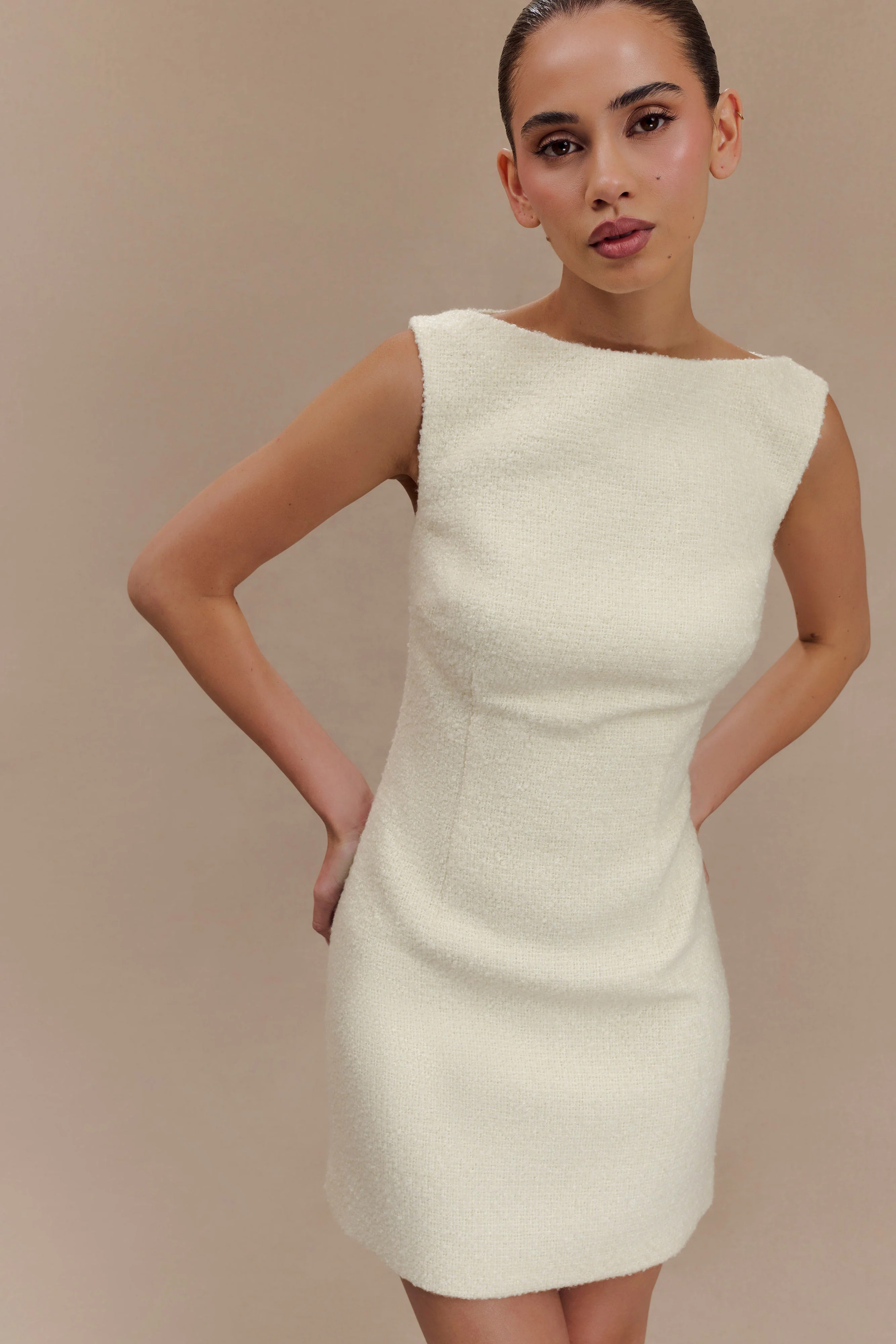 Angela Textured Boucle Mini Dress - Ivory | MESHKI US