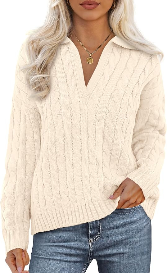 PRETTYGARDEN Spring Cable Knit Oversized Sweaters for Women 2026 Polo V Neck Long Sleeve Casual C... | Amazon (US)