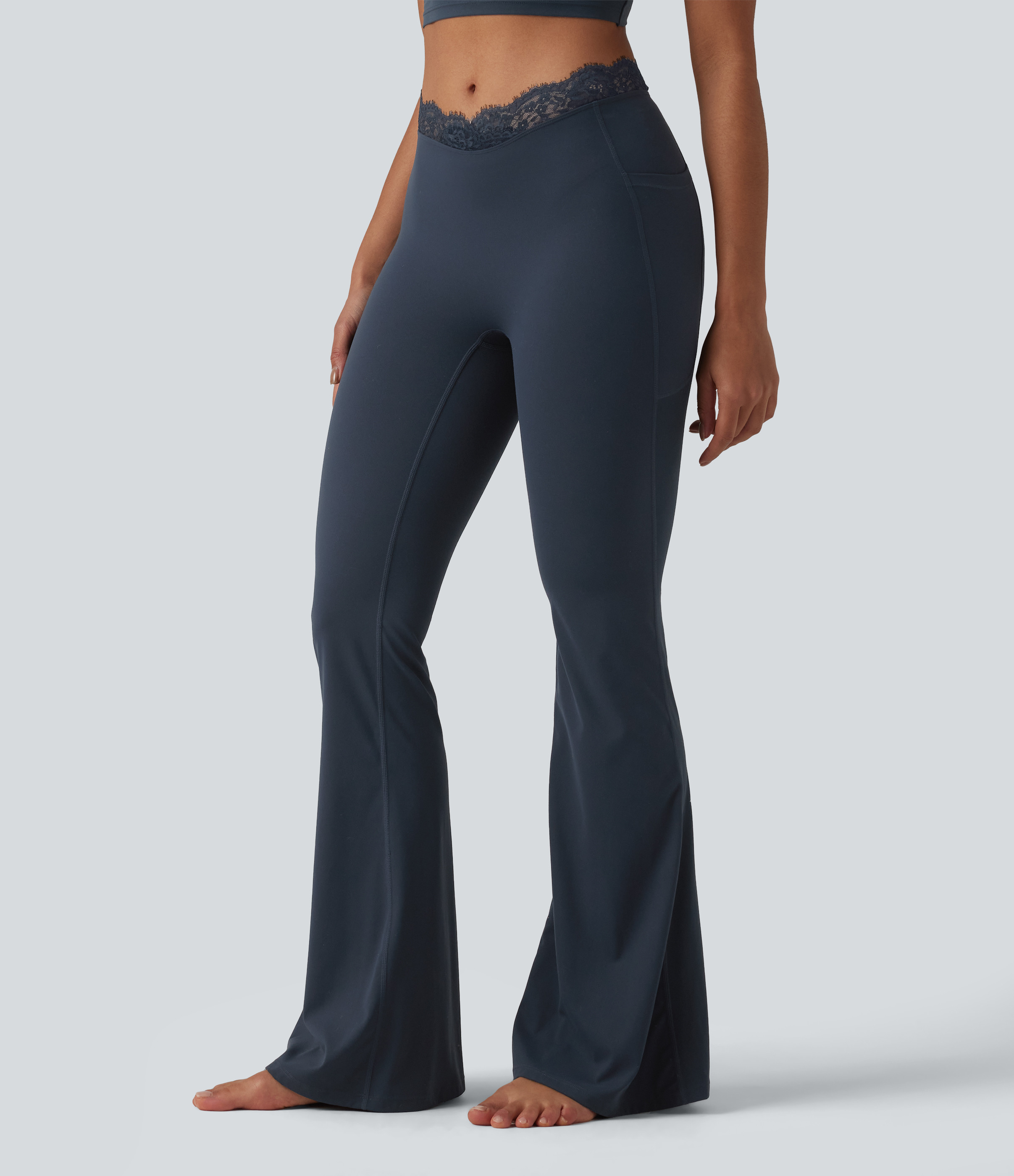 Halara Halara UltraSculpt™ V-Shaped High Waisted Contrast Lace Yoga Flare Leggings with Pockets  - Night's Purple - S(regular) gym leggings | HALARA