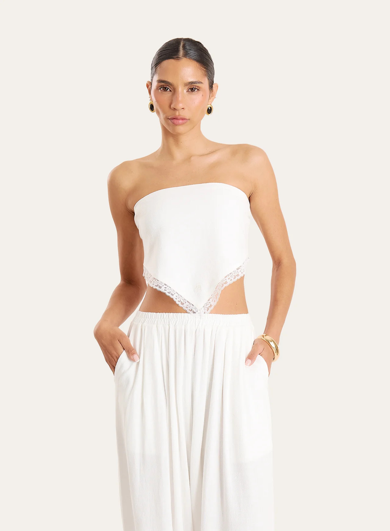 Women's White Linen Blend Tie Back Bandeau Crop Scarf Top | Sarah | 4th & Reckless | 4th & Reckless