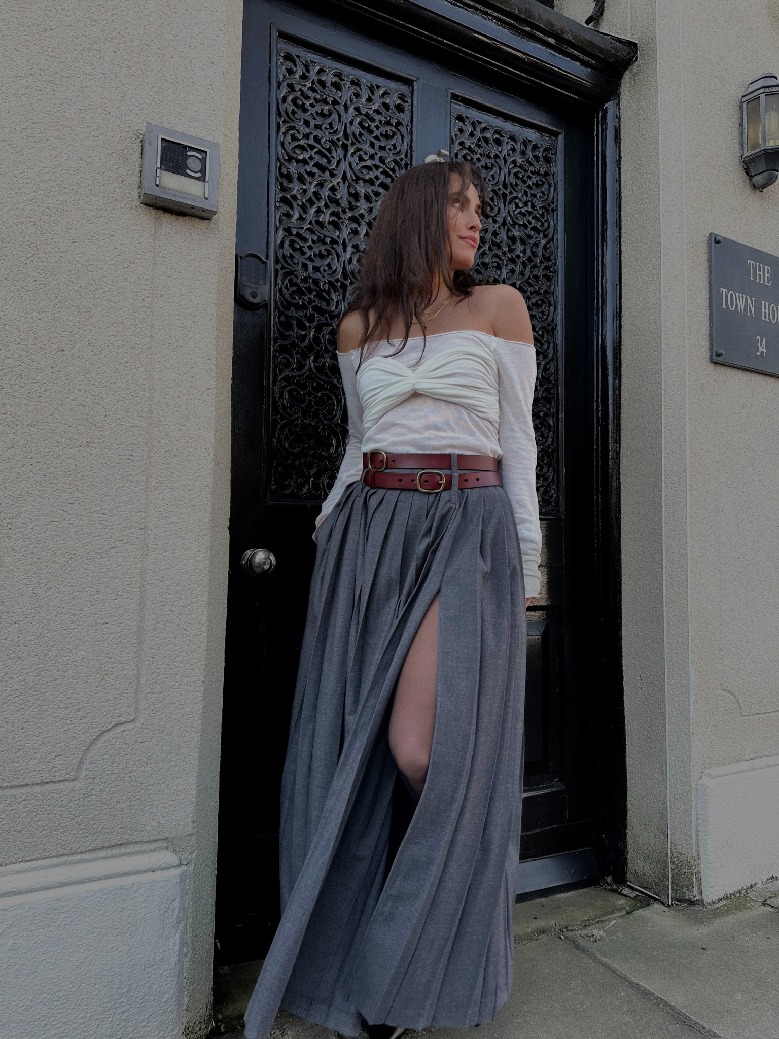 Grey maxi skirt, long skirt, long pleated skirt, workwear, work outfit, casual outfit, the frankie shop skirt, white sheer top, white top, white mesh top, black boots, ysl heels, streetwear, capsule wardrobe 

#LTKworkwear #LTKeurope #LTKstyletip