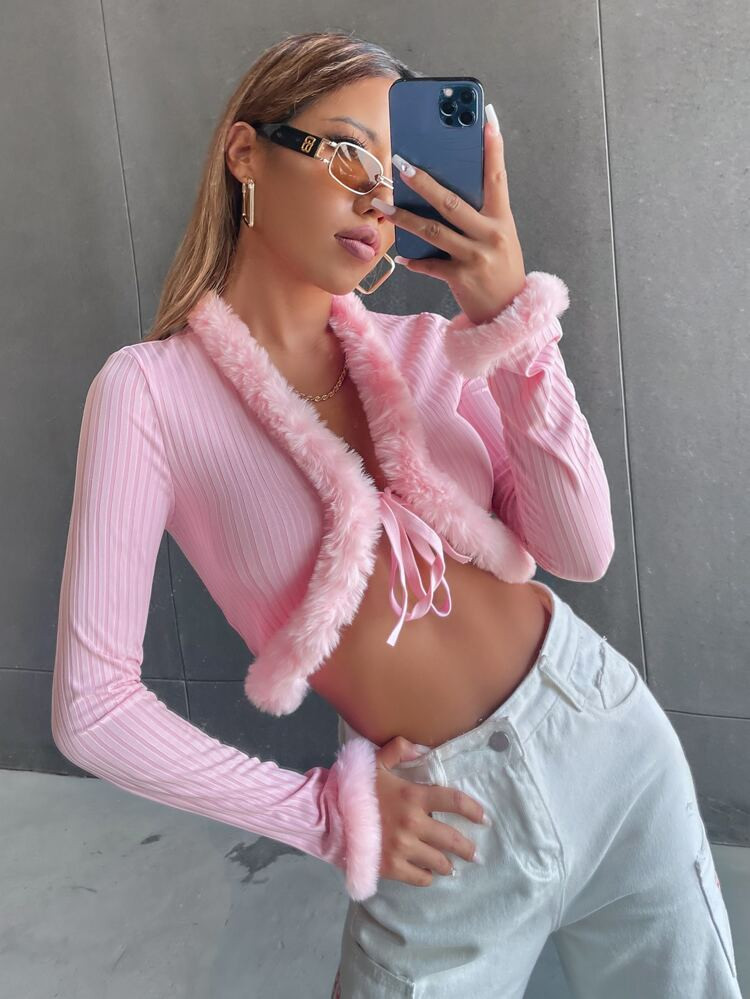 Ribbed Knit Fuzzy Trim Knot Front Crop Jacket | SHEIN