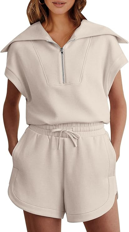 ANRABESS Women 2 Piece Outfits Sweatsuit Half Zip Lapel Collar Short Sleeve Tops Sweat Shorts Lou... | Amazon (US)