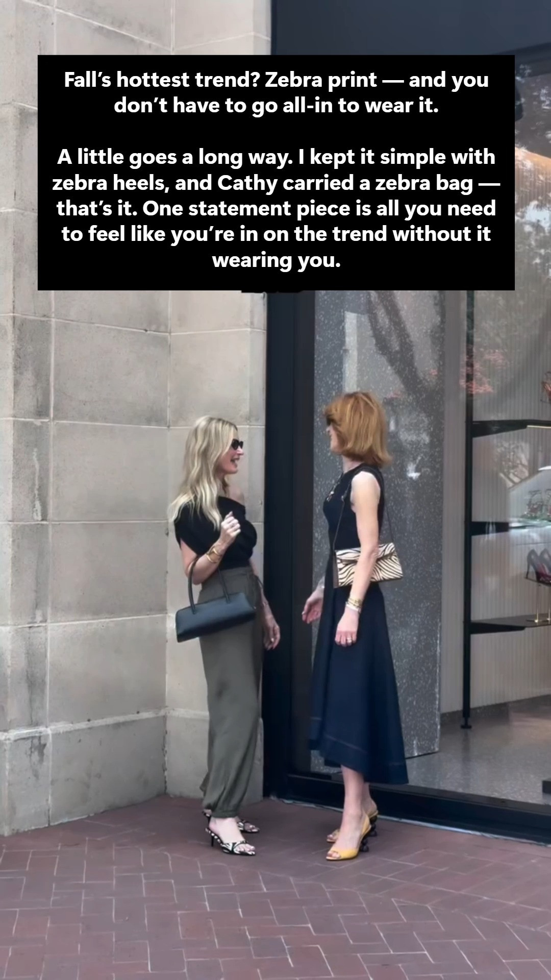 Fall’s hottest trend? Zebra print — and you don’t have to go all-in to wear it.

A little goes a long way. I kept it simple with zebra heels, and Cathy carried a zebra bag — that’s it. One statement piece is all you need to feel like you’re in on the trend without it wearing you.

My look: Olive green balloon pants + an off-the-shoulder black top + zebra heels
Cathy’s look: Long denim dress + zebra bag

Fit note: I’m in an XS in both the pants and the top — everything runs true to size.

These looks work for date night, girls’ night, or just an elevated Tuesday. Fall dressing should be easy, not complicated.

Which look are you stealing — mine or Cathy’s? 👇

 

#LTKootd #LTKOver40 #LTKgrwm #LTKootd #LTKSeasonal #LTKOver40