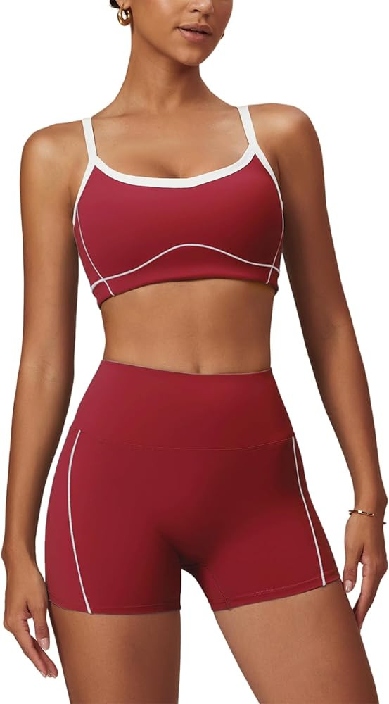 Yoga sets for women 2 piece Fashion contrasting lines Sports Bra and High Wasit Split hem Flared ... | Amazon (US)