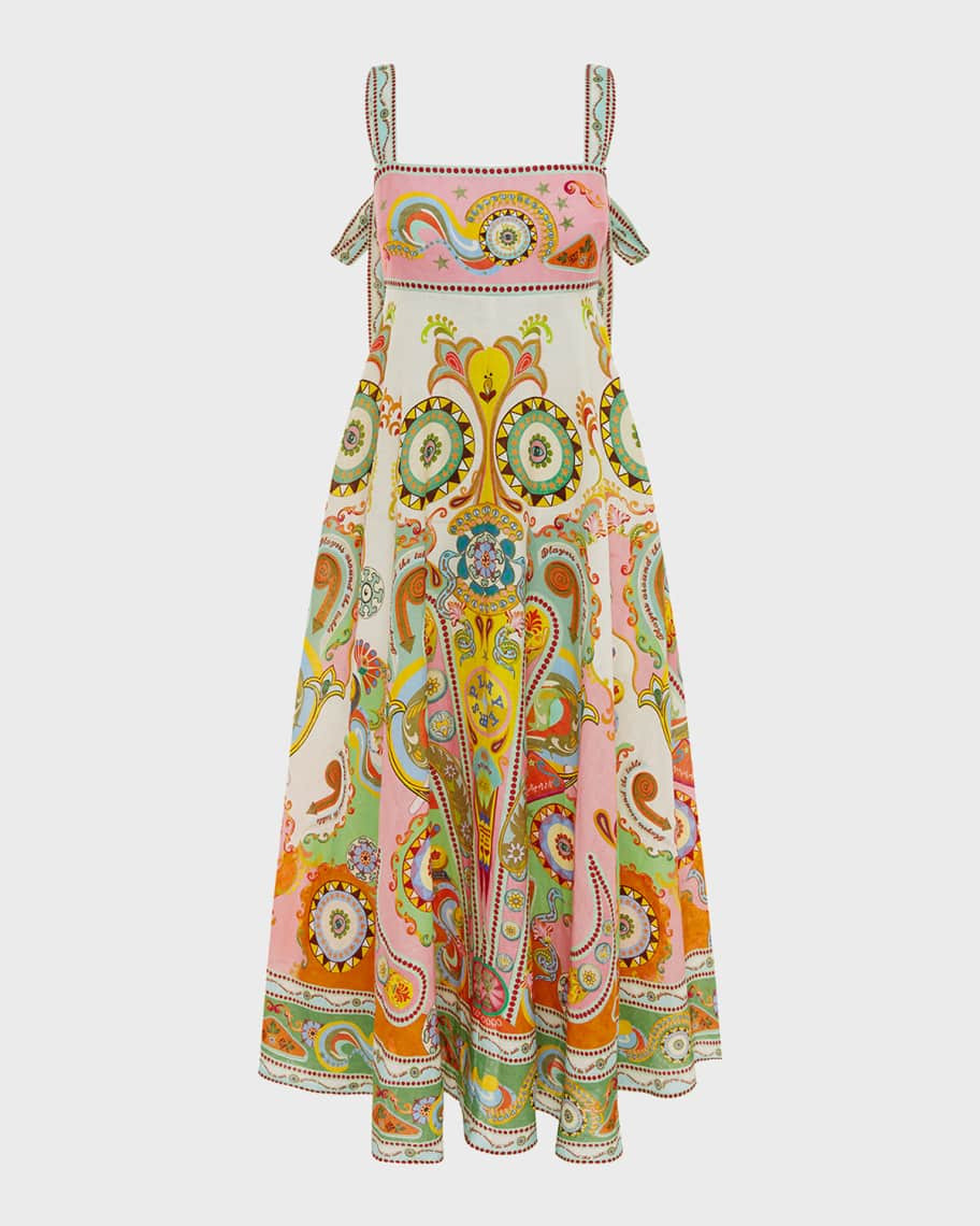 ALEMAIS Pinball Paisley Linen Tie-Strap Midi Dress | Neiman Marcus