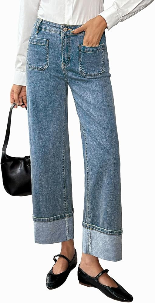 EVALESS Womens Jeans High Waisted Stretchy Cuffed Wide Leg Denim Pants with Pockets Navy Blue Siz... | Amazon (US)
