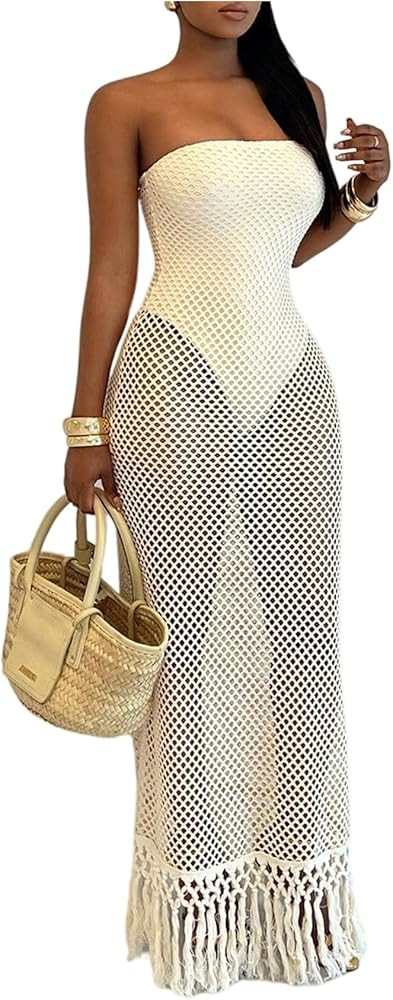 Floerns Women's Strapless Crochet Dress Tassel Trim Bodycon Beach Vacation Long Dresses | Amazon (US)
