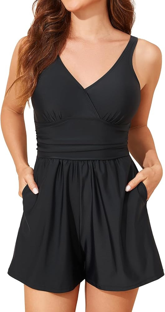 Smismivo Swim Rompers for Women Tummy Control One Piece Swimsuits with Shorts and Pockets Modest ... | Amazon (US)