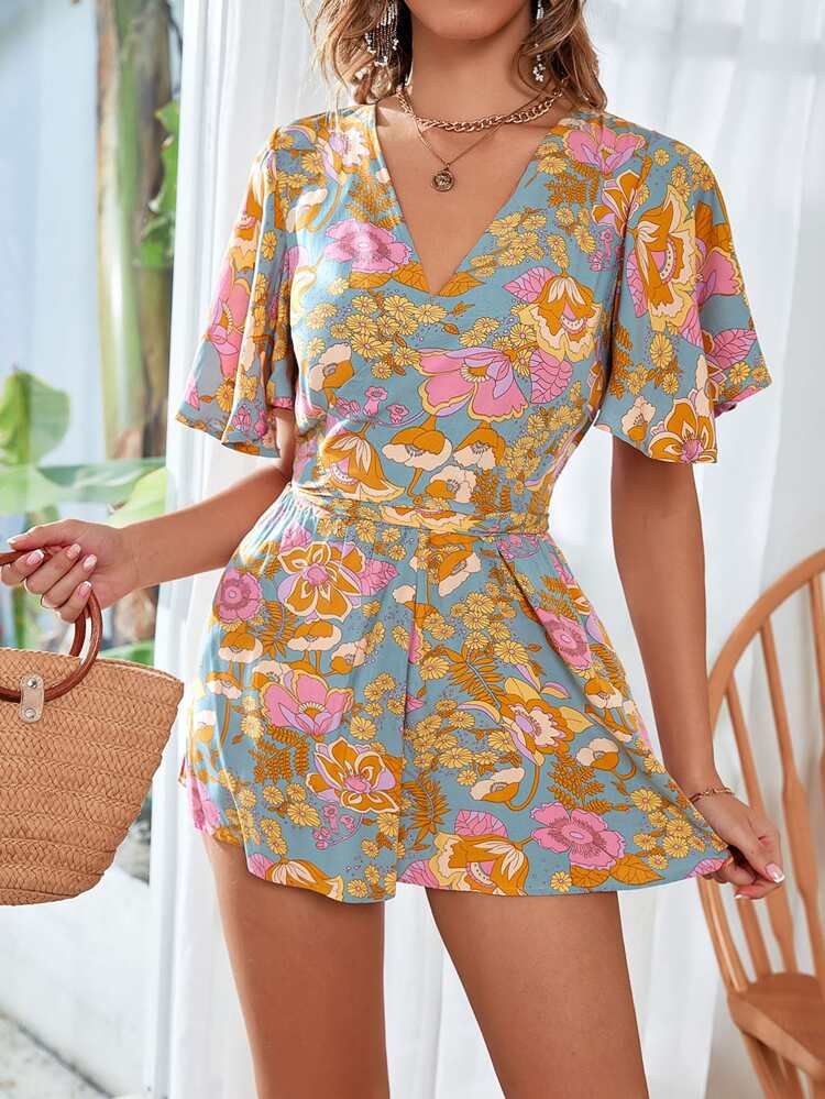 Floral Print Butterfly Sleeve Romper | SHEIN