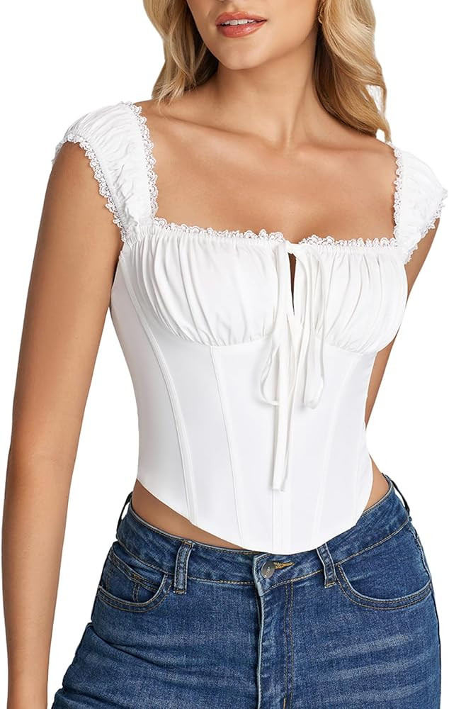 GLNEGE Women\u2019s Square Neck Corset Top Lace Up Boned Bustier Cap Sleeve Y2K Trendy Going Out ... | Amazon (US)